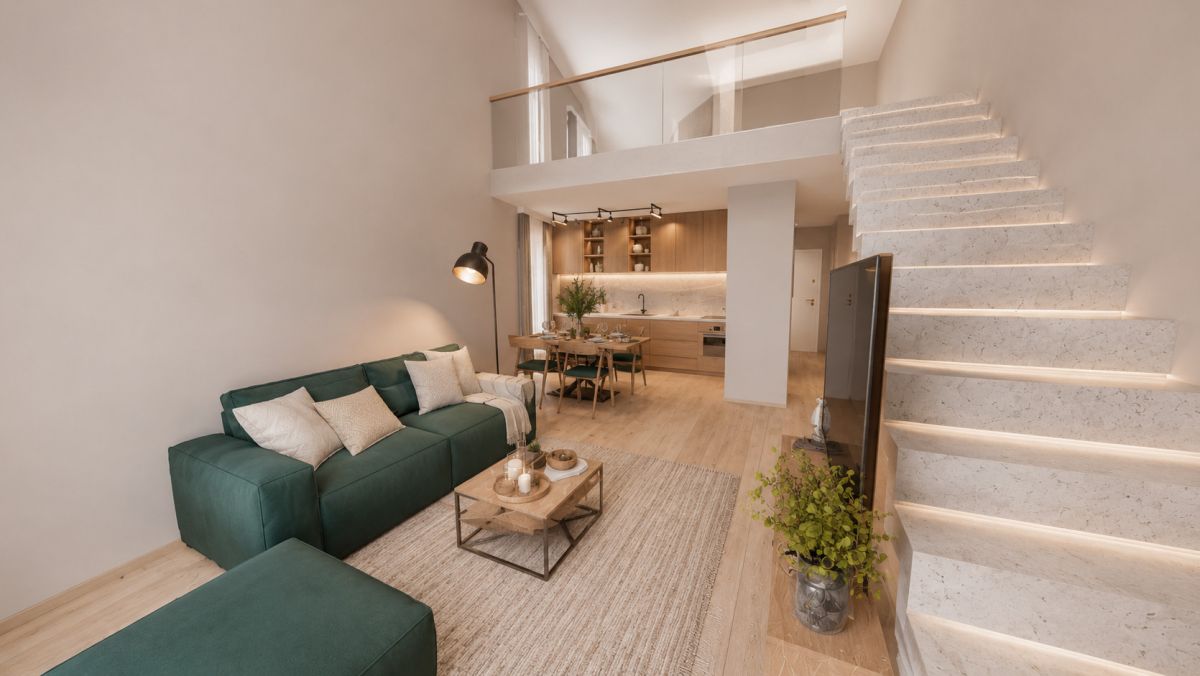 Wysoki salon i dwa poziomy 4 pokojowy apartament
