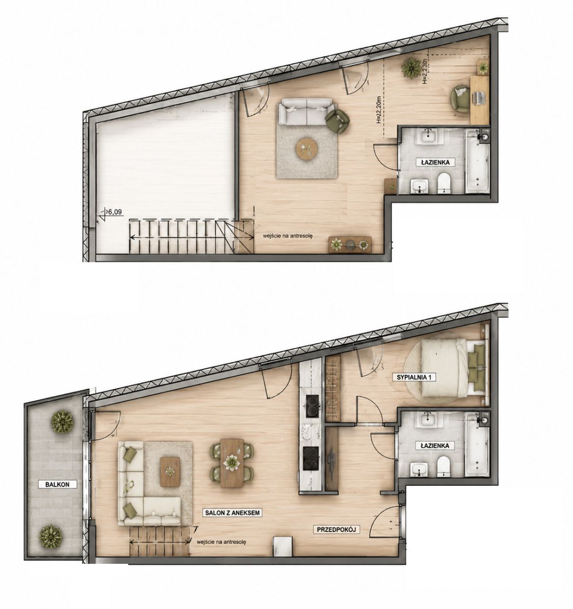 Wysoki salon i dwa poziomy 4 pokojowy apartament - ujecie 6