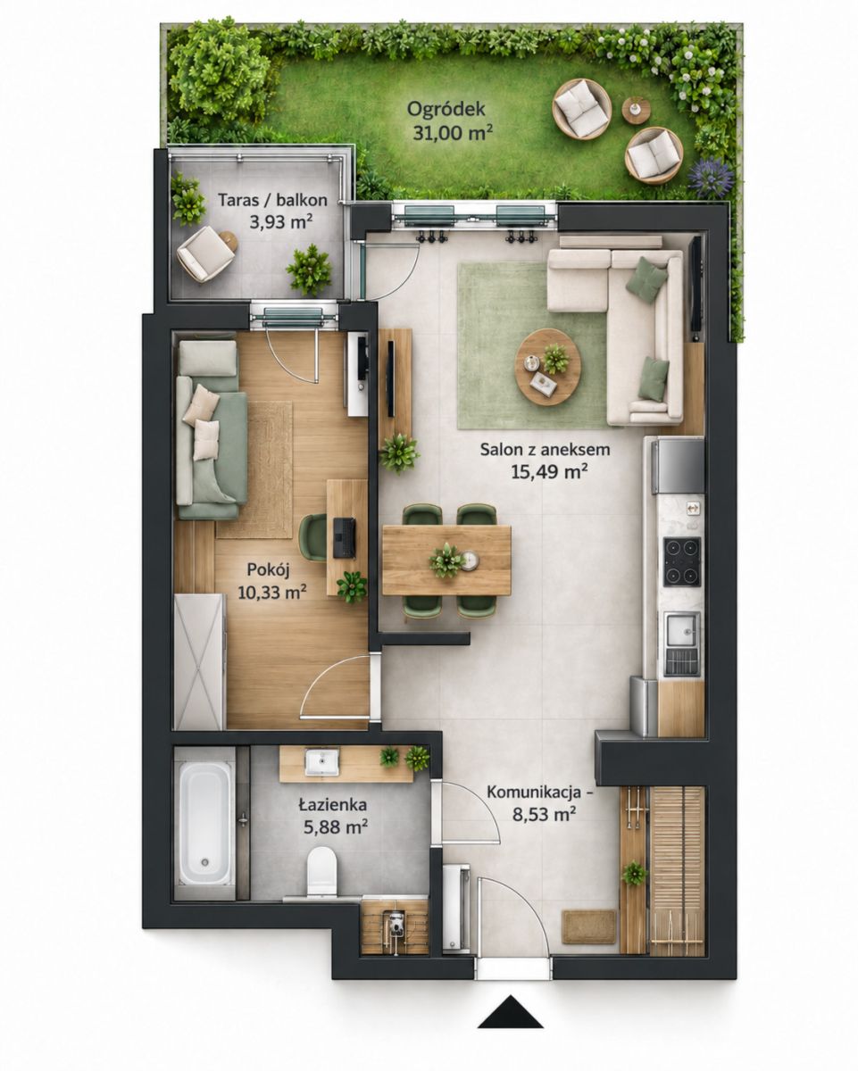 2 pokoje | 44 m2 | Ogródek | Harmonogram - ujecie 7