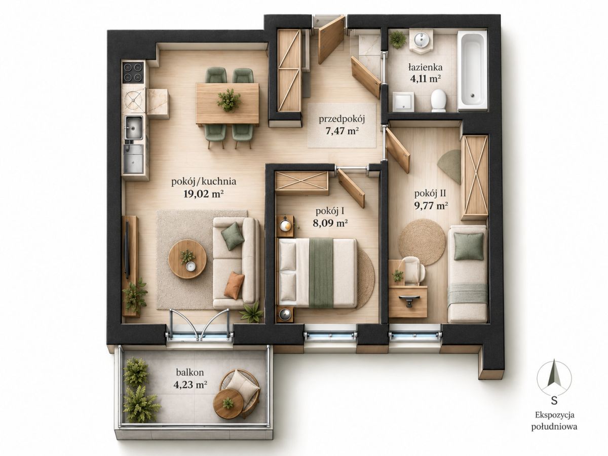 Ostatnie piętro | 3 pokoje | 48,46 m2 | Gotowe - ujecie 7