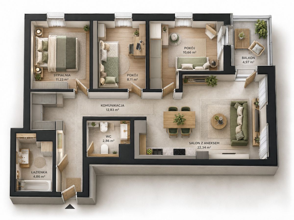 4 pokoje | 73 m2 | Dwie łazienki | Harmonogram - ujecie 9
